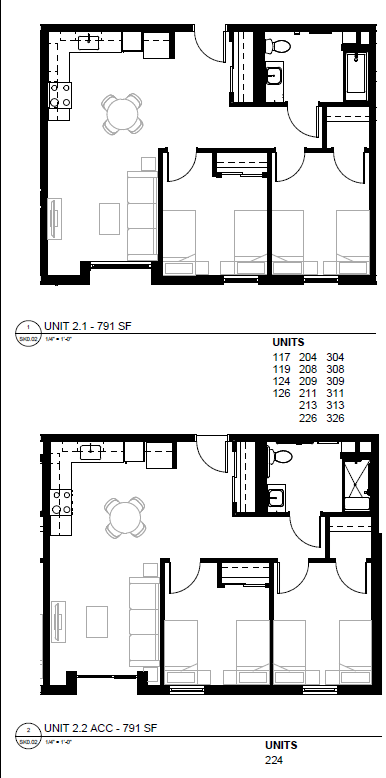 Floor plan for 2 beds, 1 bath, 791 sqft
